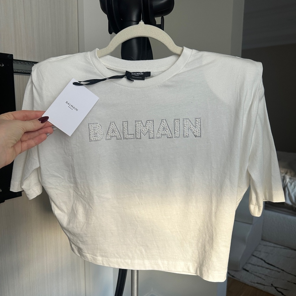 Balmain White Crop Top with Logo